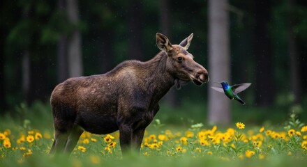A moose standing in a field of yellow flowers with a hummingbird flying near its mouth