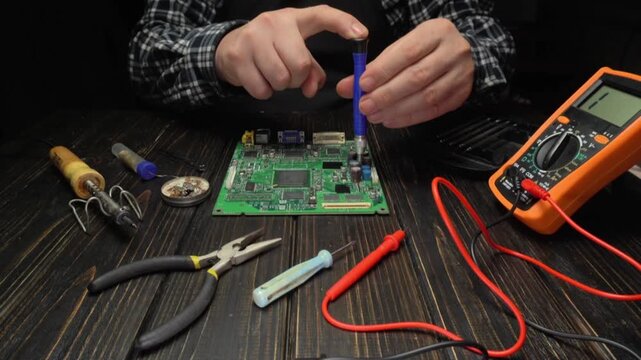 A person uses tools to repair a circuit board on a wooden table in a workshop. Nearby, there are various tools and equipment used for electronic work.