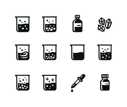 Chemical Solutions Icons. Chemical solutions. Solid icon set of Chemical solutions: aqueous solution icon, saturated solution, solvent bottle, solute crystals,