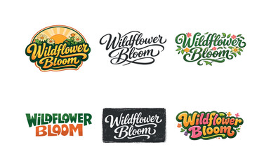 Fototapeta premium Wildflower Lettering Styles. Wildflower Bloom. Set lettering. harmonious lettering variations of the same emblematic concept, each with different artistic