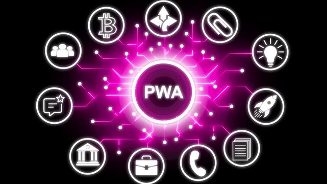 PWA concept with interconnected icons background. Successful business strategy idea concept with circuit icon. Business, modern technology, internet and networking concept.