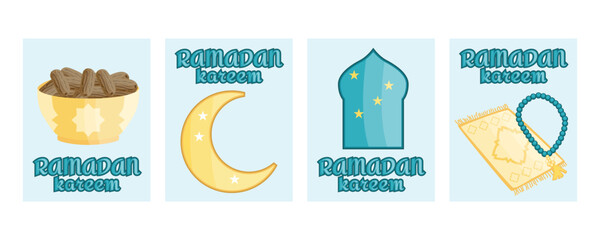 Ramadan Kareem greeting banners set with mosque silhouette, crescent moon, prayer rug, tasbih prayer beads and plate of dates for iftar