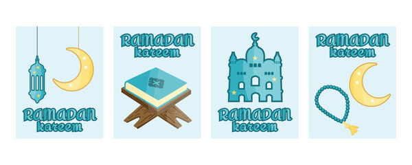 Ramadan Kareem greeting banners set with mosque silhouette, holy Quran on wooden rehal, tasbih prayer beads, crescent moon and traditional lantern