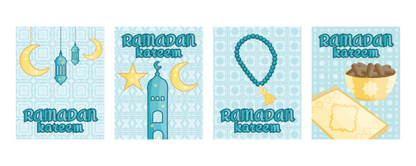 Ramadan Kareem greeting banners set with mosque silhouette, traditional lanterns, crescent moon, plate of dates for iftar, prayer rug and tasbih prayer beads