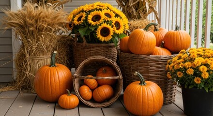 A porch display of pumpkins, sunflowers, and dried corn