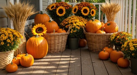 A porch with baskets and pots filled with sunflowers, pumpkins, and other autumnal plants