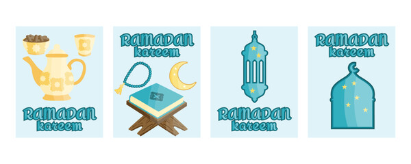 Ramadan Kareem greeting banners set with mosque silhouette, holy Quran on wooden rehal, traditional lanterns, crescent moon, tasbih prayer beads, dates for iftar, water jug and decorative cup
