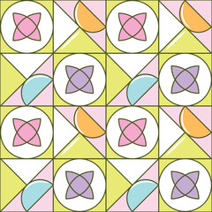 Abstract shapes geometry line tiles seamless pattern. Lime green, purple cartoon outline lattice retro midcentury shapes wallpaper