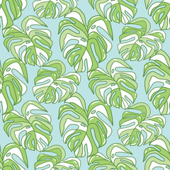 Tropical leaf Wallpaper, Monstera nature pattern design, Jungle green leaves, Hand drawn for fabric, camouflage bright foliage print