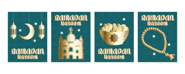 Luxury Ramadan Kareem greeting banners set with islamic patterns, golden mosque elements, crescent moon, tasbih prayer beads, plate of dates and light reflections