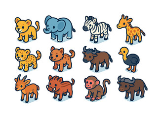 Fototapeta premium Savanna Baby Icons. Savanna babies. Colorful isometric vector icons set of savanna babies: lion cub, elephant calf, zebra foal, giraffe calf, cheetah cub,