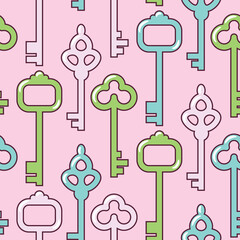 Seamless vector pattern with cute cartoon Keys. Pastel pink Texture for textile, wallpaper and backdrop