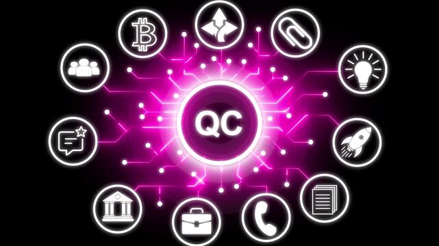 QC concept with interconnected icons background. Successful business strategy idea concept with circuit icon. Business, modern technology, internet and networking concept.