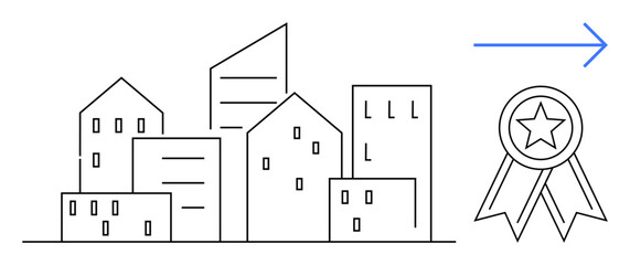 Urban planning, progress, recognition, achievement, city growth, innovation. Outline of city buildings with a ribbon medal on the right. Urban planning and progress symbols illustrated