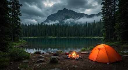 A serene camping scene with an orange tent and campfire