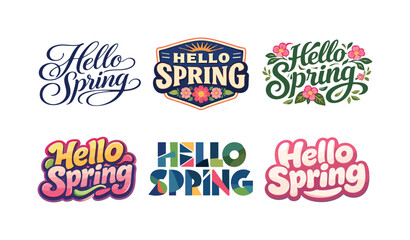 Fototapeta premium Spring Lettering Variations. Hello Spring. Set lettering. harmonious lettering variations of the same emblematic concept, each with different