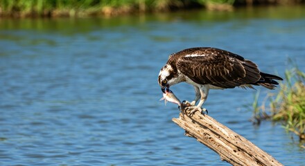 A brown and white bird perched on a wooden branch over water