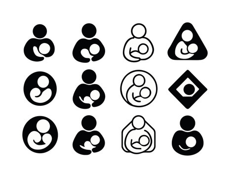 Baby Nursing Icons. Baby latching. Icon set. Set Logo of Baby latching: Safe nursing space icon: Negative space, Flat solid, Stylized detail, Minimal outline,
