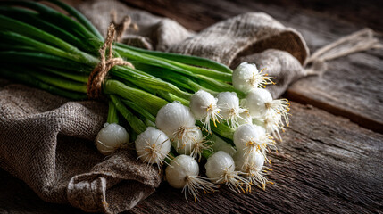 Bunch of Fresh Spring Onions with Roots on Rustic Wooden Surface