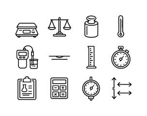 Fototapeta premium Laboratory Icon Set. Laboratory Measurement. Line icon set of Laboratory Measurement: scale, balance pan, calibration weight, thermometer, pH meter, volumetric