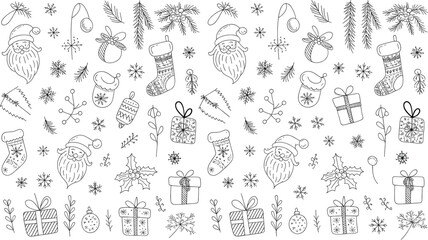 Hand Drawn Doodle Christmas Seamless Pattern with Santa Claus, Gifts, Bells, Stars, Holly Leaves, and Holiday Icons in Black and White