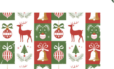 Vintage Christmas Seamless Pattern with Red and Green Ornaments, Reindeer, Bells, Snowflakes, and Festive Holiday Decorations