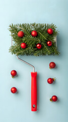 Paint roller transformed into a festive tool with fir branches and red balls, symbolizing creative holiday spirit.
