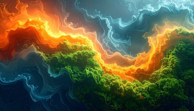 Organic abstract background inspired by nature-tech fusion, moss green, ocean blue, and solar orange, flowing shapes, sustainable future aesthetic.&rdquo;