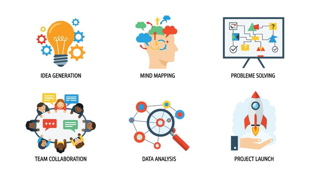 Business Strategy and Development Icons: Idea, Mind Map, Problem Solving, Teamwork