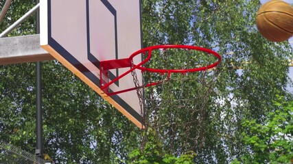 A group of enthusiastic players showcases their skills on the basketball court, surrounded by nature. The game features intense competition and camaraderie among friends.