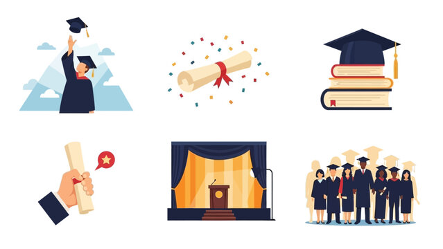 Graduation Celebration Icons: Cap Toss, Diploma, Books, Stage, and Students