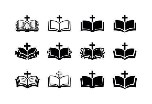 Theology Book Logos. theology books. Icon set. Set Logo of theology books: ancient manuscript codex. harmonious logo variations of the same emblematic concept,