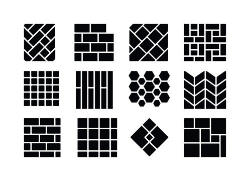 Stylish Backsplash Icons. Backsplash patterns. Solid icon set of backsplash patterns: herringbone tile, subway layout, diagonal tile, basket weave, mosaic