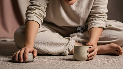 Young Woman in Beige Lounge Wear Cross Legged on Textured Carpet Holding Stone and Steaming Cup Tranquil Indoor Scene