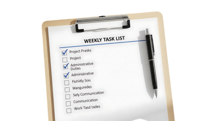 Weekly task list checklist on clipboard with pen