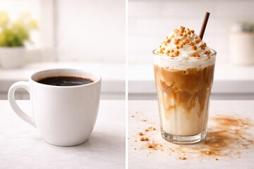 Brewed Delight: A Captivating Scene with Rich Black Coffee and a Creamy Caramel Iced Coffee topped with Fluffy Whipped Cream and Crunchy Toppings