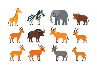Fototapeta premium Savanna Herbivore Icons. Herbivores of the savanna. Colorful flat vector icons set of herbivores of the savanna: giraffe, zebra, elephant, antelope,