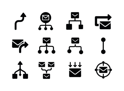Email Routing Icons. Email routing. Solid icon set of email routing: branching arrows, routing node, path tree, delivery line, redirect arrow, smart routing