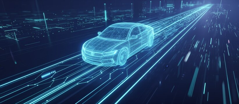 Autonomous vehicle represented by a glowing wireframe model driving on a digital highway, illustrating advanced artificial intelligence and sensor technology collecting real time data for navigation