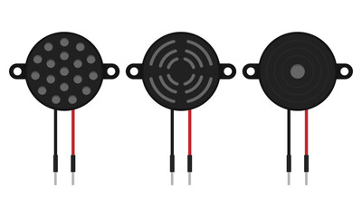 Piezo buzzer component set on transparent background. Vector electronic sounder icons for electronics schematics, project diagrams, industrial engineering presentations