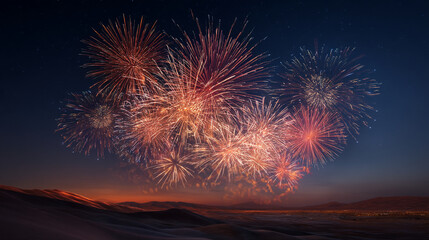 Stunning Firework Celebration in the Starry Desert Sky