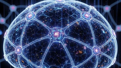 Conceptual representation of artificial intelligence as a digital network with interconnected nodes and data visualization simulating a global brain