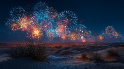 Panoramic View of Fireworks Celebrating over Desert Dunes