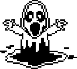 Pixel art ghost emerging from dark portal, retro 8 bit style, spooky game character design
