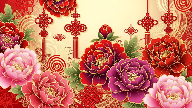 Luxurious Red Peonies and Traditional Chinese Knots for Lunar New