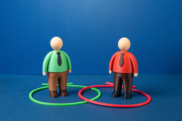 A conflict of interest between two businessmen. Common goals and interests. Business rivalry concept, negotiation tension and ethical dilemmas. Partnership risks, competition and decision making