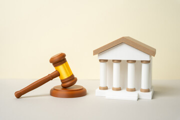 Courthouse and gavel. The judicial system. Laws and rights. Justice concept, legal authority and rule of law. Court decisions shaping society, protection of freedoms