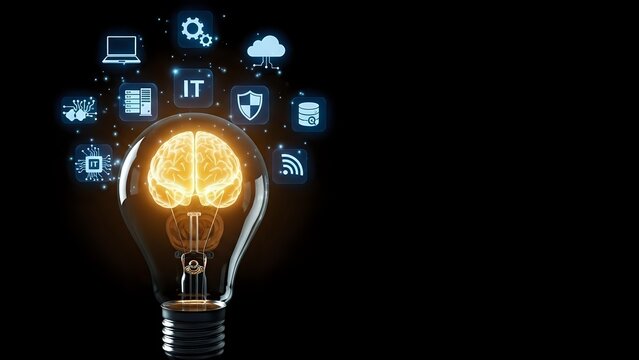Glowing light bulb with brain filament surrounded by technology icons on dark background representing artificial intelligence and innovation.