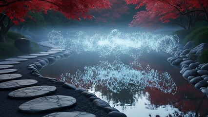 Tranquil garden scene with a stone pathway leading to a pond with a glowing effect amidst red foliage and green grass providing a peaceful setting