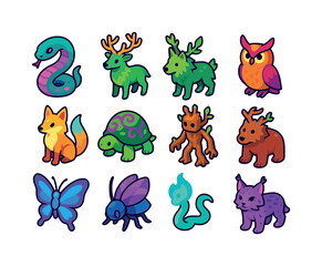 Obraz premium Enchanted Beast Icons. Enchanted beasts. Colorful isometric vector icons set of enchanted beasts: giant serpent, forest stag, horned owl, moss wolf, luminous